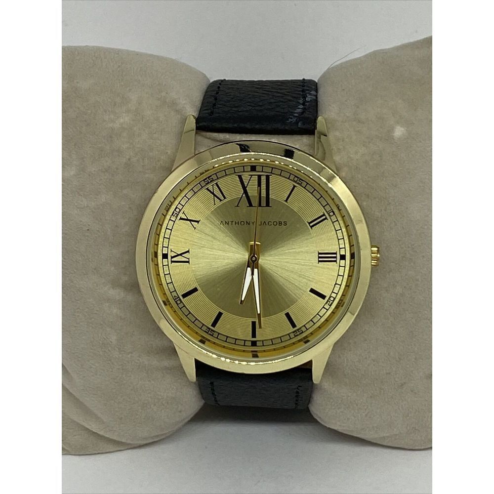 Anthony Jacobs Unisex Black Leather Analog Gold Dial Quartz Genuine Watch RQ146